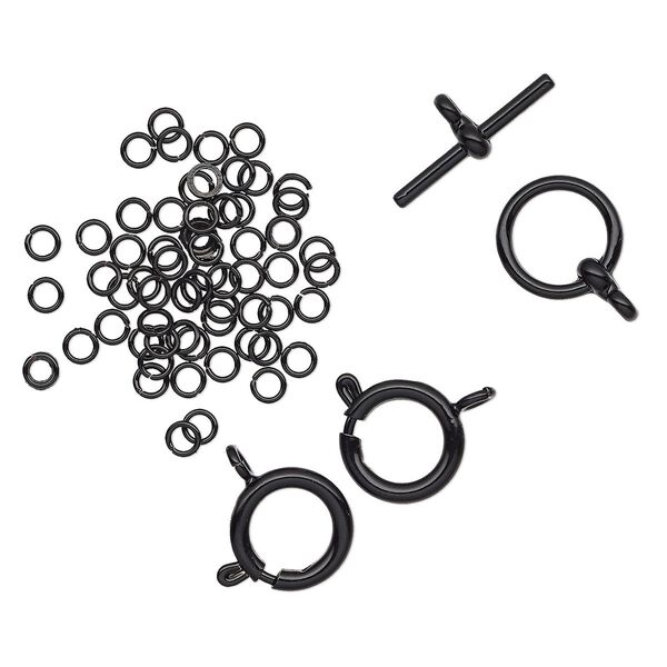 Clasp / jump ring mix toggle / springring 1pkg63 "pewter", 12mm round / 3.5mm round, 22 gauge / 2.4mm inside diameter / black-finished image number 0
