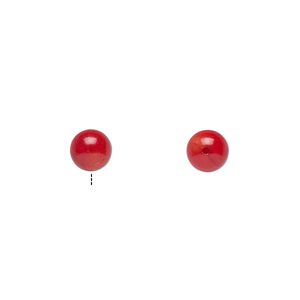 Bead, bamboo coral (dyed), red, 5.5-6.5mm half-drilled round, Mohs hardness 3-1/2 to 4. Sold per pkg of 2.