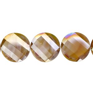 Bead, millefiori glass, marbled amber yellow AB, 14mm faceted wavy flat round. Sold per 8-inch strand, approximately 15 beads.