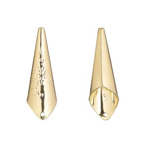 Bolo tip, gold-plated brass, 27x9mm with flower design. Sold per pkg of 10.