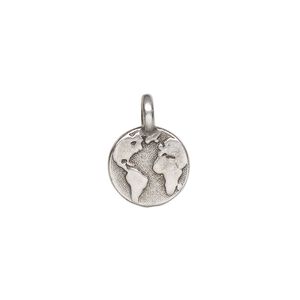 Drop, TierraCast&reg;, antique silver-plated pewter (tin-based alloy), 12mm single-sided round with Earth. Sold per pkg of 2.