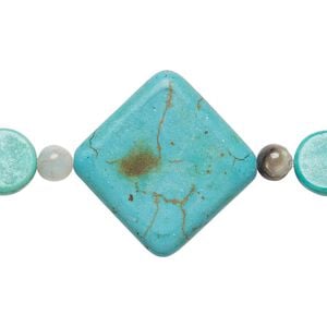 Bead mix, "turquoise" (imitation) resin and multi-gemstone (natural), blue-green and blue, 6mm round / 12mm flat round / 32x32mm puffed diamond. Sold per pkg of 7.