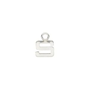 Charm, sterling silver, 9x8mm single-sided modern square alphabet letter S. Sold individually.
