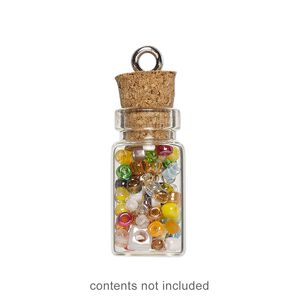 Component, glass / cork / nickel-finished steel, clear, 22x11mm bottle with stopper and screw eye. Sold per pkg of 100.