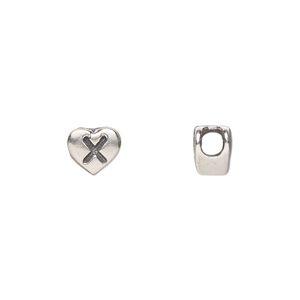 Bead 1pkg1 sterling silver, 7.5x7mm heart / letter X, antiqued Dione&reg;
