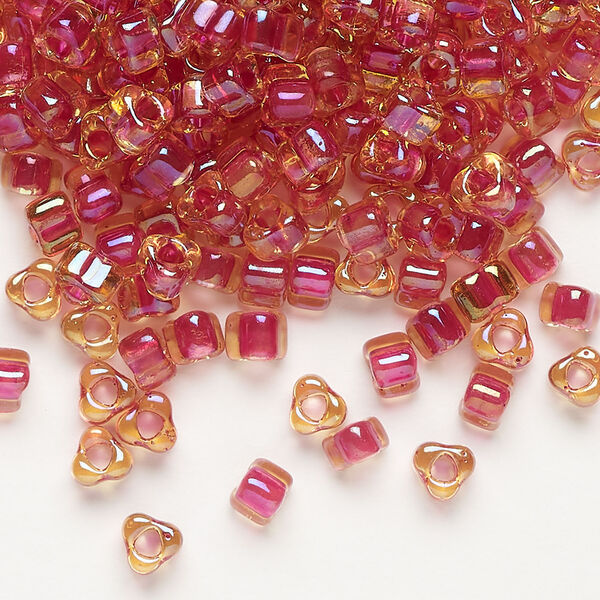 Seed bead, Miyuki 1pkg10g, glass, #5 triangle, transparent fuchsia inside dyed color amber yellow (TR-1163) image number 0