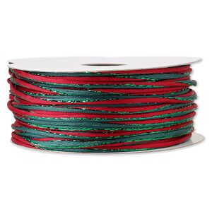 Cord, Satinique&trade;, nylon and polyester, green and red, 2mm regular with vertical stripe. Sold per 100-foot spool.