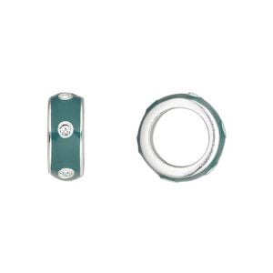 Bead 1pkg1 silver-plated "pewter", 14x5.5mm rondelle, enamel / green crystal Dione&reg;