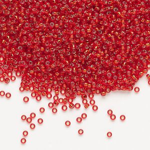 Seed bead, Miyuki, glass, pkg/35g, #15 rocaille, transparent silver-lined flame red, (RR-10).