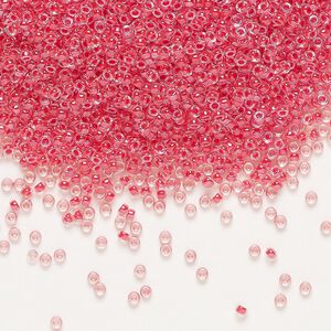 Seed bead, Miyuki, glass, pkg/35g, #15 rocaille, translucent dark coral-lined luster crystal clear (RR-226).