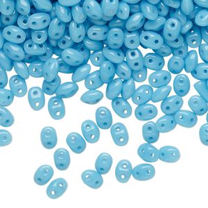 Bead, Preciosa Twin&trade;, Pressed Twin, Czech pressed glass, turquoise blue, 5x2.5mm oval with 2 holes. Sold per 50-gram pkg.
