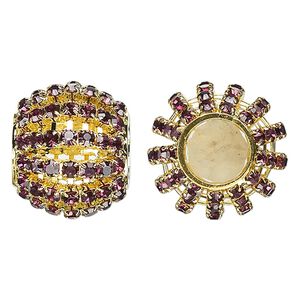 Bead 1pkg1 gold-finished, 25x20mm barrel / 3mm chatons, brass / purple rhinestone