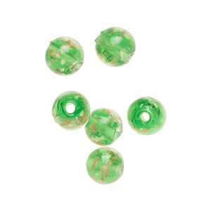 Bead, lampworked glass, clear / green / glow-in-the-dark / gold, 8mm round. Sold per pkg of 6.