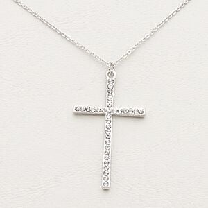 Necklace, Czech glass rhinestone / imitation rhodium-plated steel / brass / "pewter" (zinc-based alloy), clear, 36x22mm cross, 16 inches with 2-inch extender chain and lobster claw clasp. Sold individually.