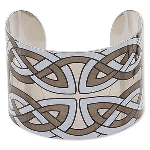 Bracelet, cuff, imitation rhodium-finished carbon steel, black and white, 46mm wide with Celtic knot design, adjustable from 7-8 inches. Sold individually.