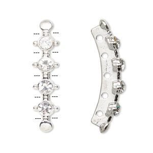 Spacer, glass rhinestone and silver-plated "pewter" (zinc-based alloy), clear, 32.5x7.5mm 5-strand, fits up to 4mm bead. Sold per pkg of 10.