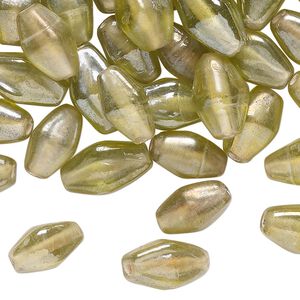 Bead, glass, translucent iridescent light green, 11x8mm-14x9mm double cone. Sold per 2-ounce pkg, approximately 70 beads.