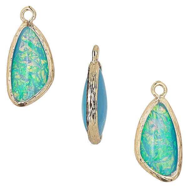 Drop, Opalized Ice&trade;, "opal" (resin) and gold-finished brass, light blue, 19.5x11mm double-sided wing. Sold per pkg of 4. image number 0