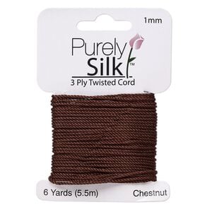 Cord, Purely Silk&trade;, 3-ply, chestnut, 1mm twisted. Sold per 6-yard card.