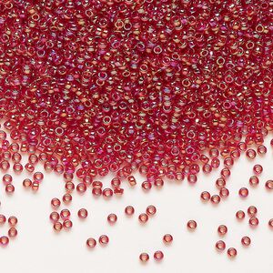Seed bead, Miyuki, glass, pkg/35g, #15 rocaille, translucent rainbow ruby (RR-298).