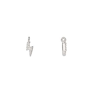 Charm, sterling silver and cubic zirconia, clear, 7x3mm thunderbolt. Sold individually.