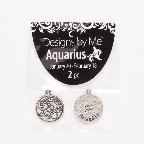 "Pewter" (zinc-based alloy) / enamel 1pkg2, 2-sided round charm / Aquarius / "Friendly" antique silver-finish / black 17mm image number 0