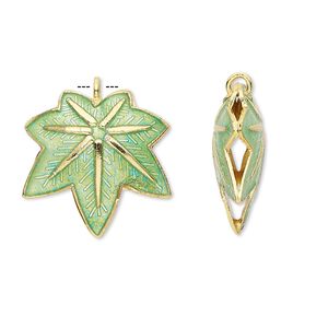Charm, cloisonn&eacute;, enamel and gold-finished copper, green, 20x20mm double-sided maple leaf. Sold per pkg of 4.