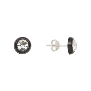 Earstud, Create Compliments&reg;, sterling silver and crystal, black and clear, 8mm round. Sold per pair.