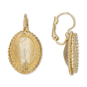 Ear wire leverback 1pkg2 Almost instant jewelry&reg; "pewter" (zinc-based alloy), 32mm / rope edge / 18x13mm oval glue-in setting, gold-finished / brass 1 pair