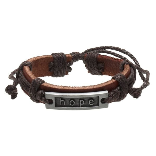 Bracelet, leather (dyed) / waxed cotton cord / antiqued "pewter" (zinc-based alloy), brown, 12mm wide with 35x10mm rectangle and "hope," adjustable from 6 to 10-1/2 inches with slip knot closure. Sold per pkg of 2. image number 0
