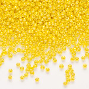 Seed bead, Miyuki, glass, pkg/25g, #11 rocaille, opaque rainbow canary (RR-472D).