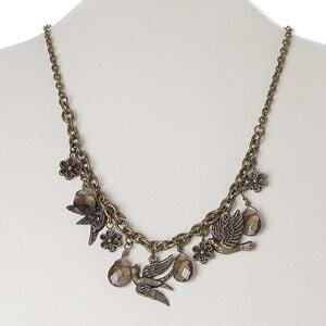 Necklace, glass rhinestone / glass / antique brass-finished steel / "pewter" (zinc-based alloy), grey, bird, 18 inches with 3-inch extender chain and lobster claw clasp. Sold individually.