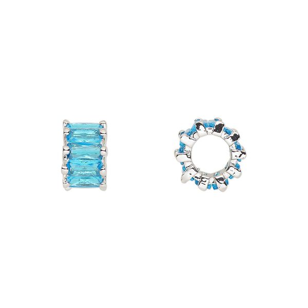 Bead 1pkg2 silver-plated, 10.5x6mm rondelle, brass / aqua cubic zirconia image number 0