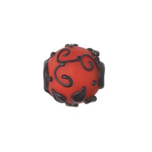 Bead, lampworked glass, opaque matte red and black with leaf and swirl design, 18mm round. Sold individually.