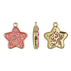 Drop, Druzylite&trade;, "druzy" (resin) and gold-finished brass, hot pink, 15x14mm two-sided star with open filigree back. Sold per pkg of 4.