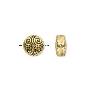 Bead 1pkg10 gold-finished "pewter", 10mm flat round / 2sided / spirals, antique