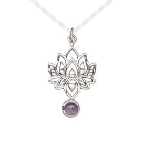 Drop 1pkg1, antiqued sterling silver and amethyst (natural), 22.5x14.5mm lotus