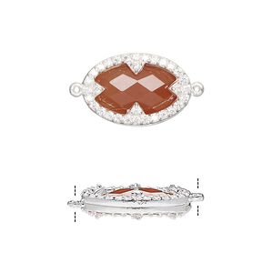 Link, carnelian (dyed / heated) / cubic zirconia / sterling silver, clear, 18x12mm double-sided faceted oval. Sold individually.