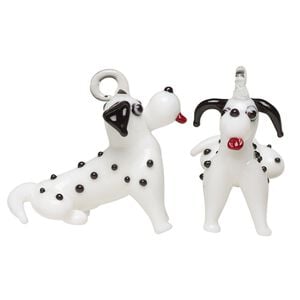 Focal, lampworked glass, opaque white / black / red, 42x37mm 3D dog with spots. Sold individually.