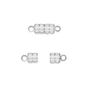 Clasp magnetic 1pkg100, 11x5mm corrugated barrel, silver-finished brass 1-strand