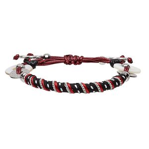 Bracelet, mother-of-pearl shell (bleached) / polyester / waxed cotton cord / silver-coated plastic / silver-finished brass / "pewter" (zinc-based alloy) 1pkg1, multicolored, 19mm wide, adjustable from 6.5 to 8 inches with macram&eacute; knot closure.