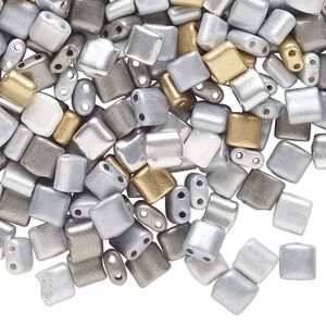 Seed bead mix, glass, pkg/1ounce, 5mm square, opaque grey, silver and gold.