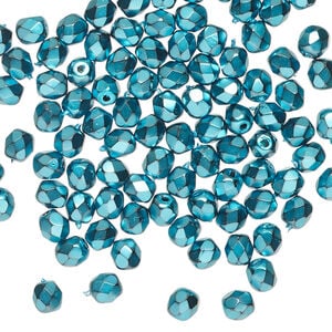 Bead 1pkg100 Czech fire-polished glass, opaque aqua carmen, 4mm faceted round.