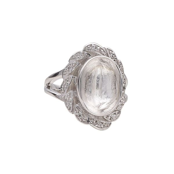 Ring, Almost Instant Jewelry&reg;, rhodium-plated sterling silver and cubic zirconia, clear, 21.5mm wide with fancy design and 14x10mm oval glue-in setting, size 7. Sold individually. image number 0