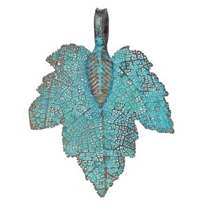 Pendant, copper-plated brass and Indian rubber plant, green patina, 32x28mm-36x28mm double-sided maple leaf. Sold individually.