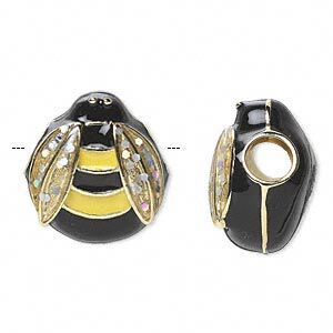 Slide, Dione&reg;, gold-finished "pewter" (zinc-based alloy) and enamel, black and yellow, 20x18mm single-sided bee with glittered wings, 5mm hole. Sold individually.