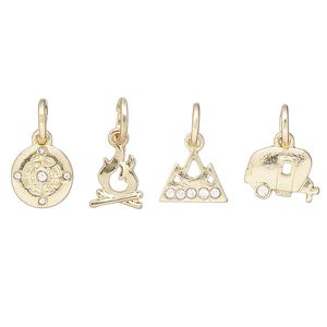 Charm assortment, gold-finished "pewter" (zinc-based alloy) and glass rhinestone, clear, 8-11x7mm multi-shape, outdoors theme. Sold per 4-piece set.