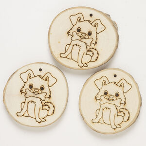 Focal 1pkg3, wood (natural), tan and black, 3x3-1/4 to 3x3-1/2 inch top-drilled uneven round with dog.