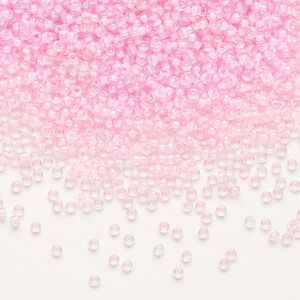 Seed bead, Miyuki, glass, pkg/250g, #15 rocaille, translucent pink-lined luster crystal clear (RR-207).