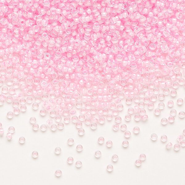 Seed bead, Miyuki, glass, pkg/250g, #15 rocaille, translucent pink-lined luster crystal clear (RR-207). image number 0